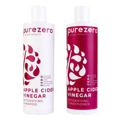 Purezero Apple Cider Vinegar Shampoo bottle highlights detox scalp and balanced hair care