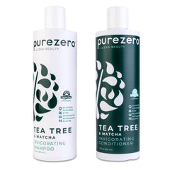 Purezero Tea Tree & Matcha shampoo and conditioner duo bottles for refreshing cleanse