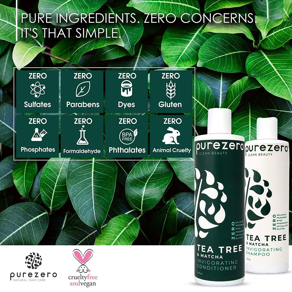 Purezero tea tree oil closeup highlights nourishing scalp support.