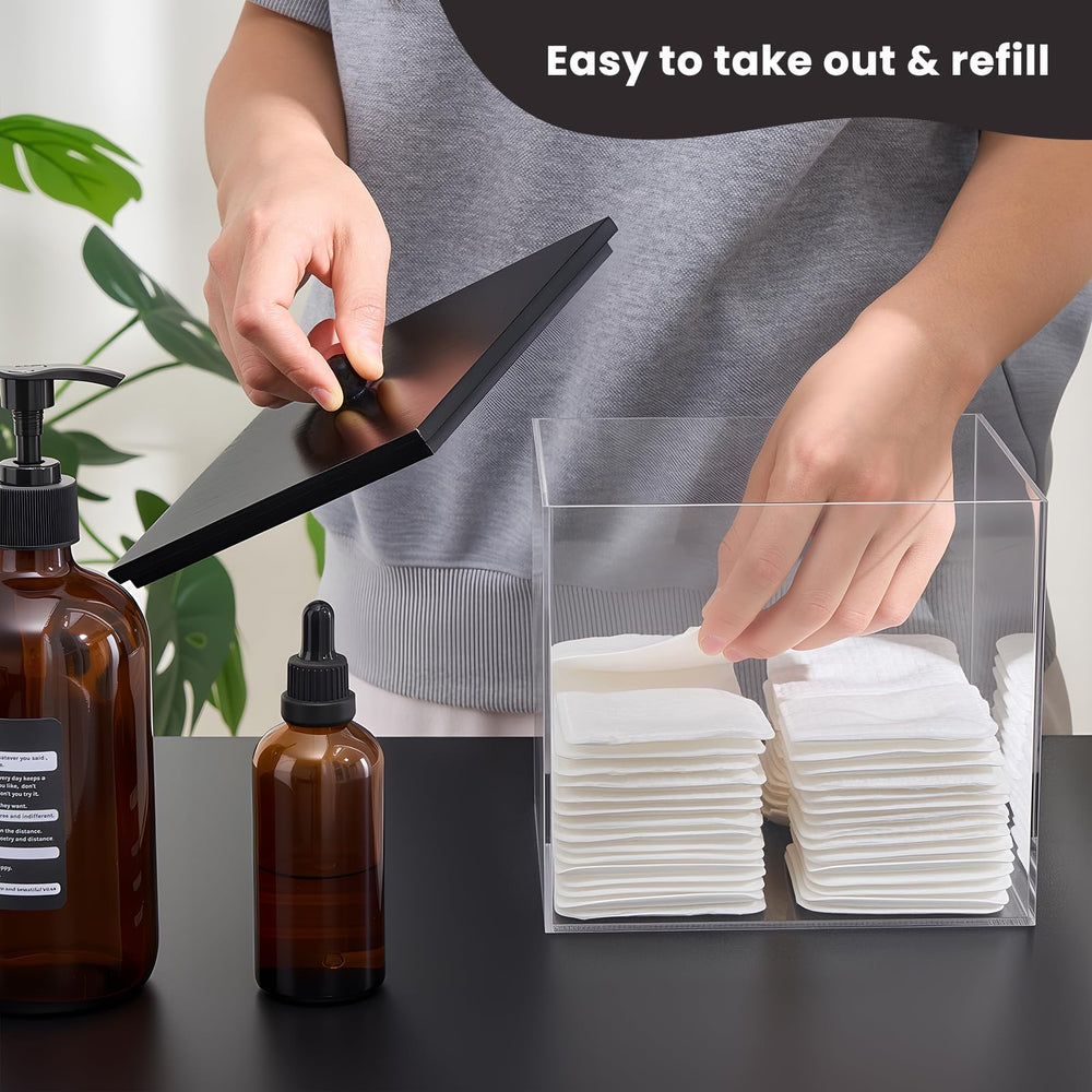 Puricon acrylic facial towels holder with black lid on a tidy bathroom counter