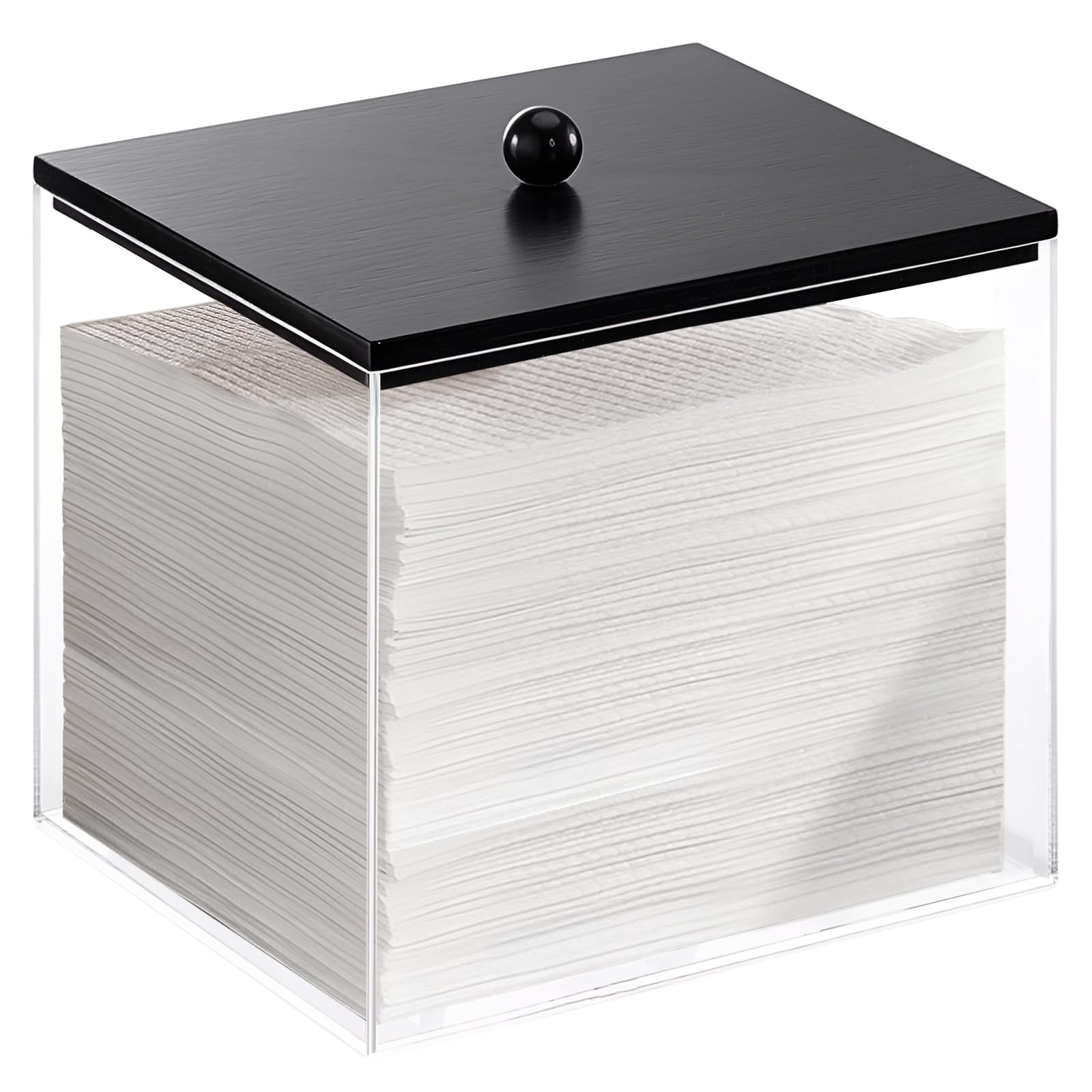 Puricon acrylic facial towels holder with wood lid showing clear bin for easy towel visibility