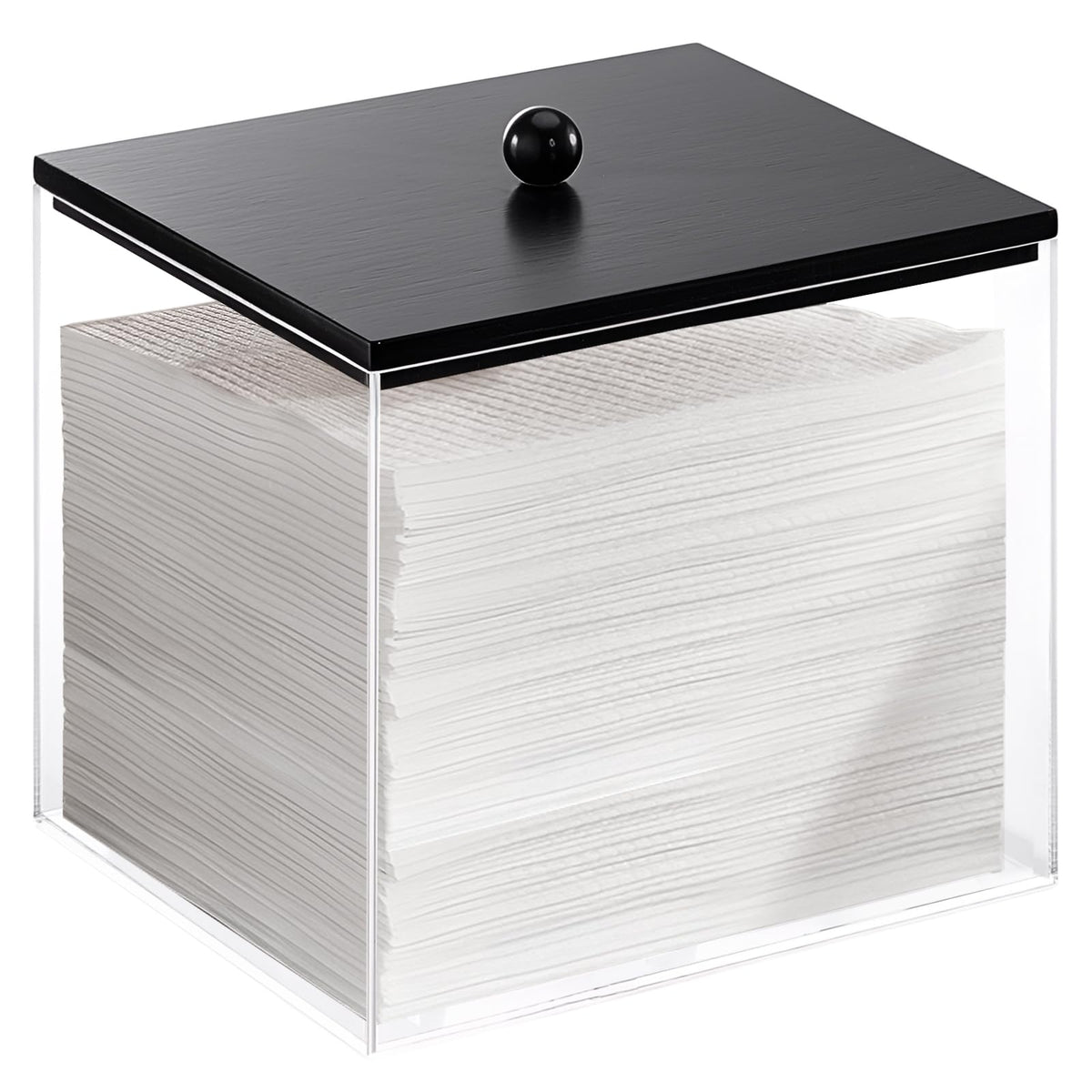 Puricon acrylic facial towels holder with wood lid showing clear bin for easy towel visibility
