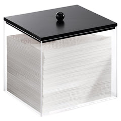 Puricon acrylic facial towels holder with wood lid showing clear bin for easy towel visibility