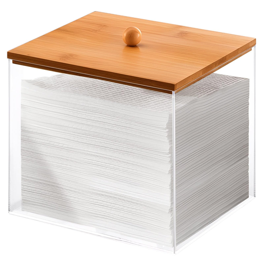 Puricon acrylic disposable facial towels holder with wood lid keeps vanity organized and towels dry during skincare.