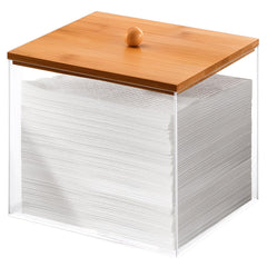 Puricon acrylic disposable facial towels holder with wood lid keeps vanity organized and towels dry during skincare.