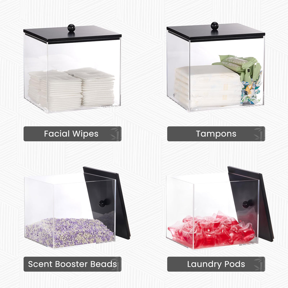 Puricon clear bin on bathroom counter displaying towels inside