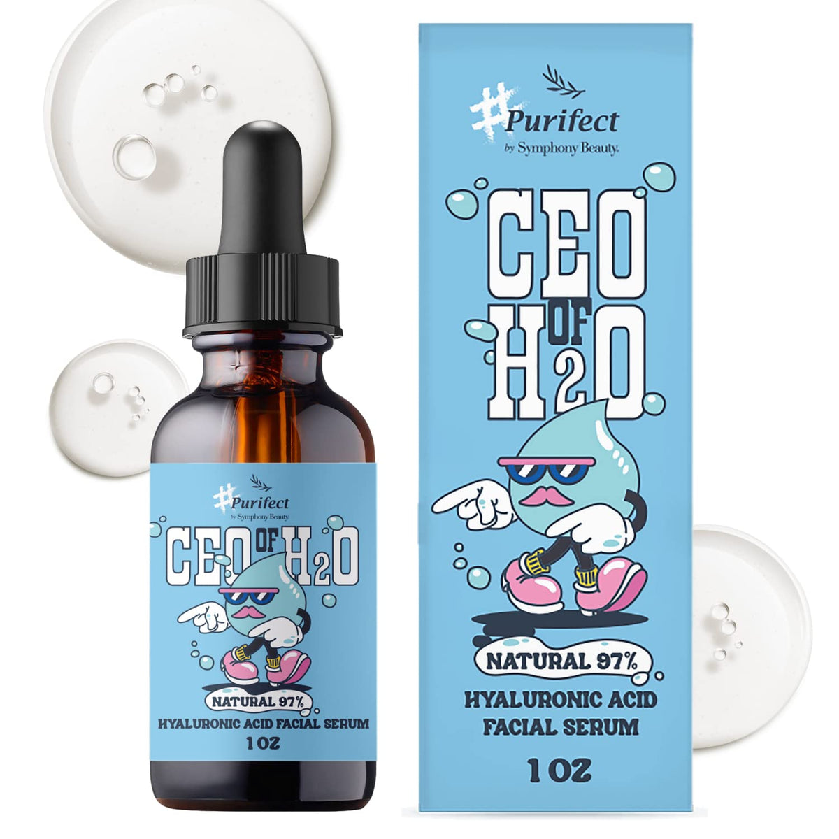 Purifect CEO of H2O serum bottle shows lightweight hydration for daily use