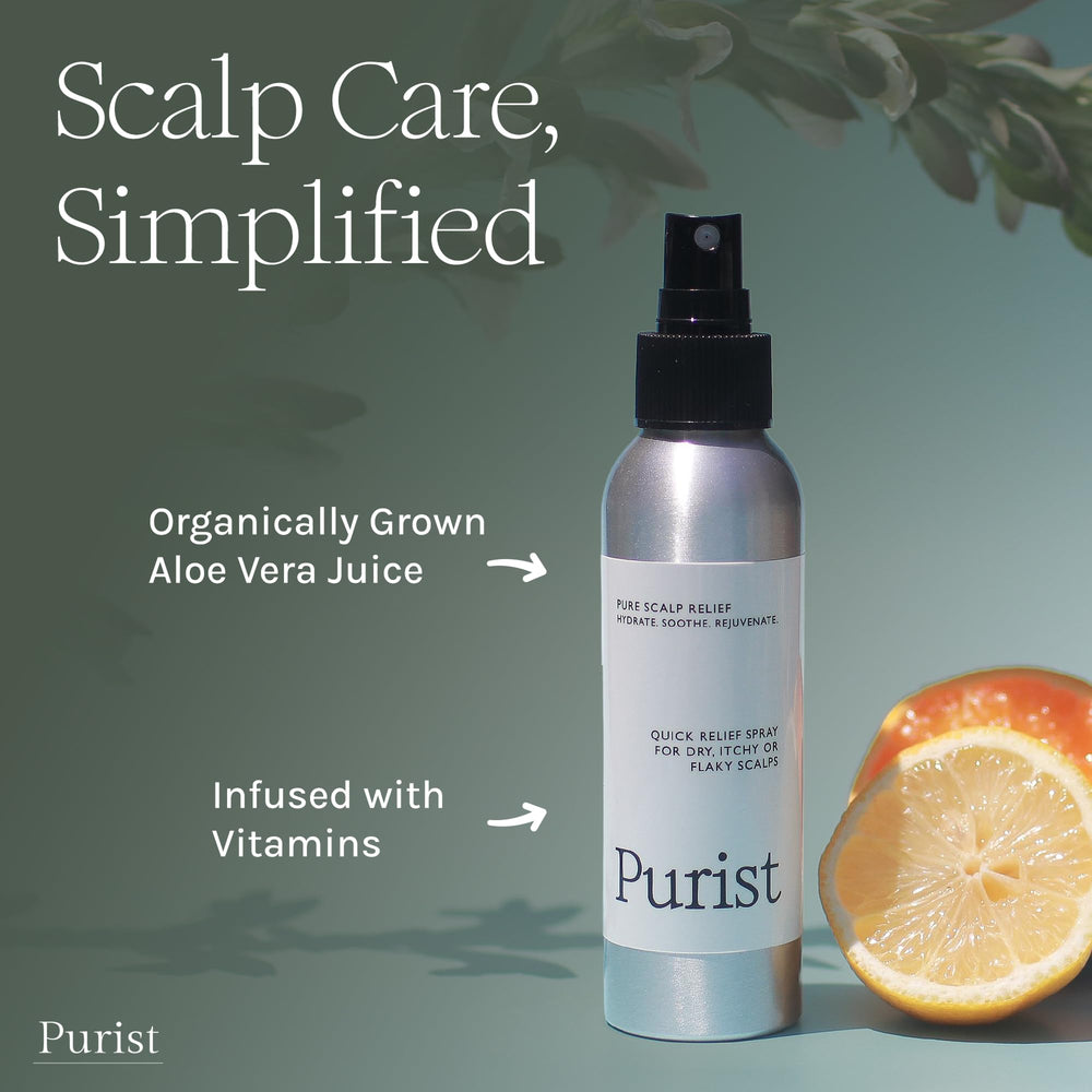 Purist Dandruff Spray being applied to the scalp for quick relief.
