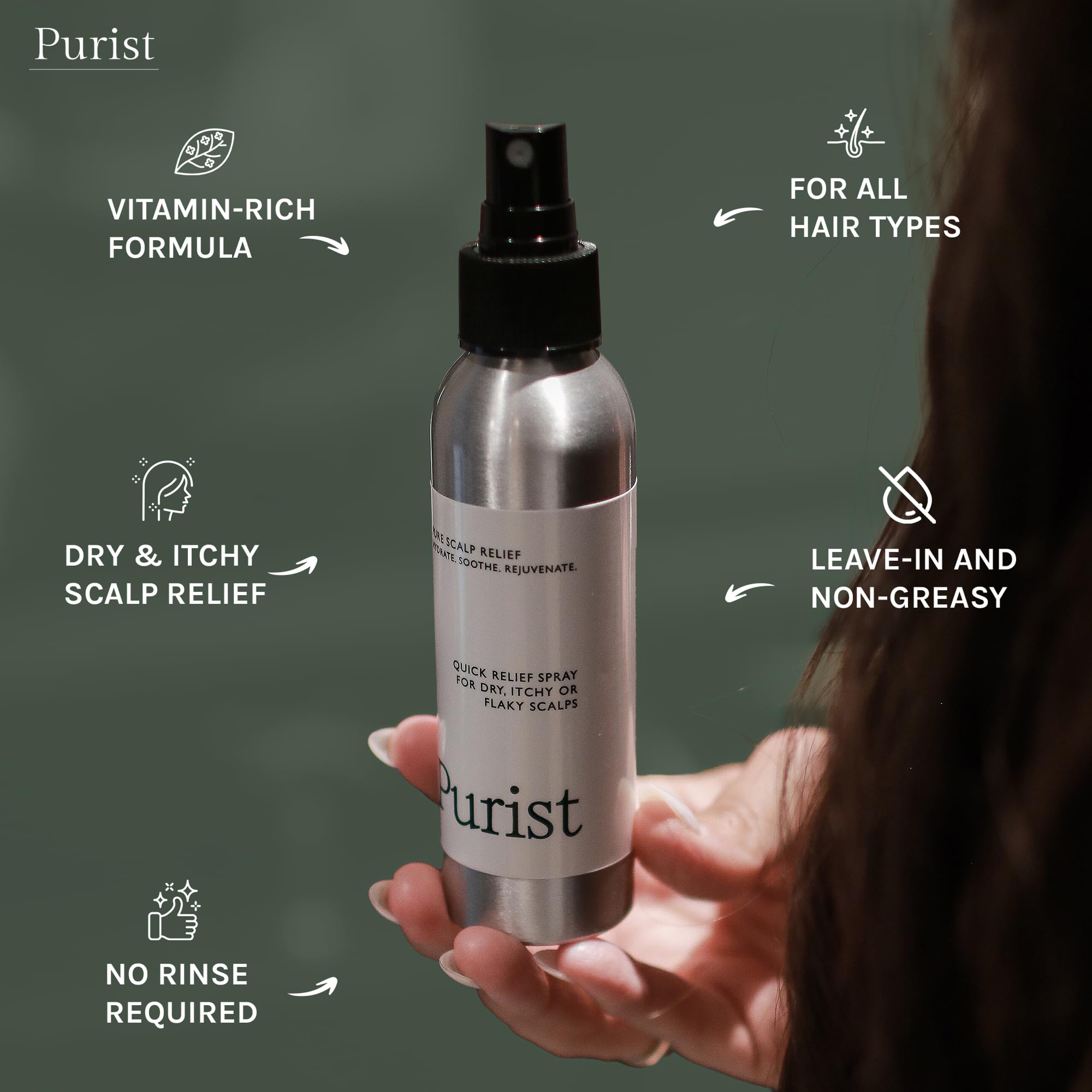Purist Dandruff Spray ingredients with oil and plant extracts for soothing scalp.