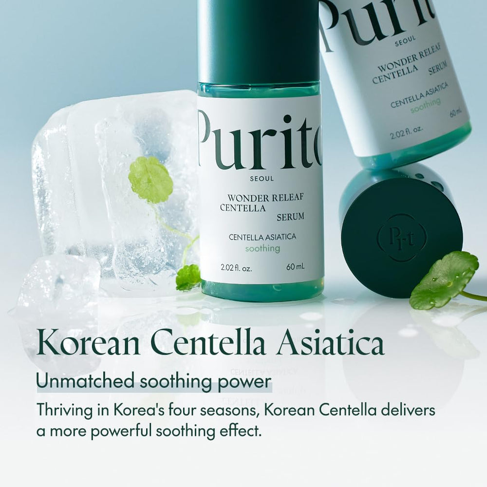 PURITO Centella Serum bottle on mirror — easy night routine for sensitive skin.