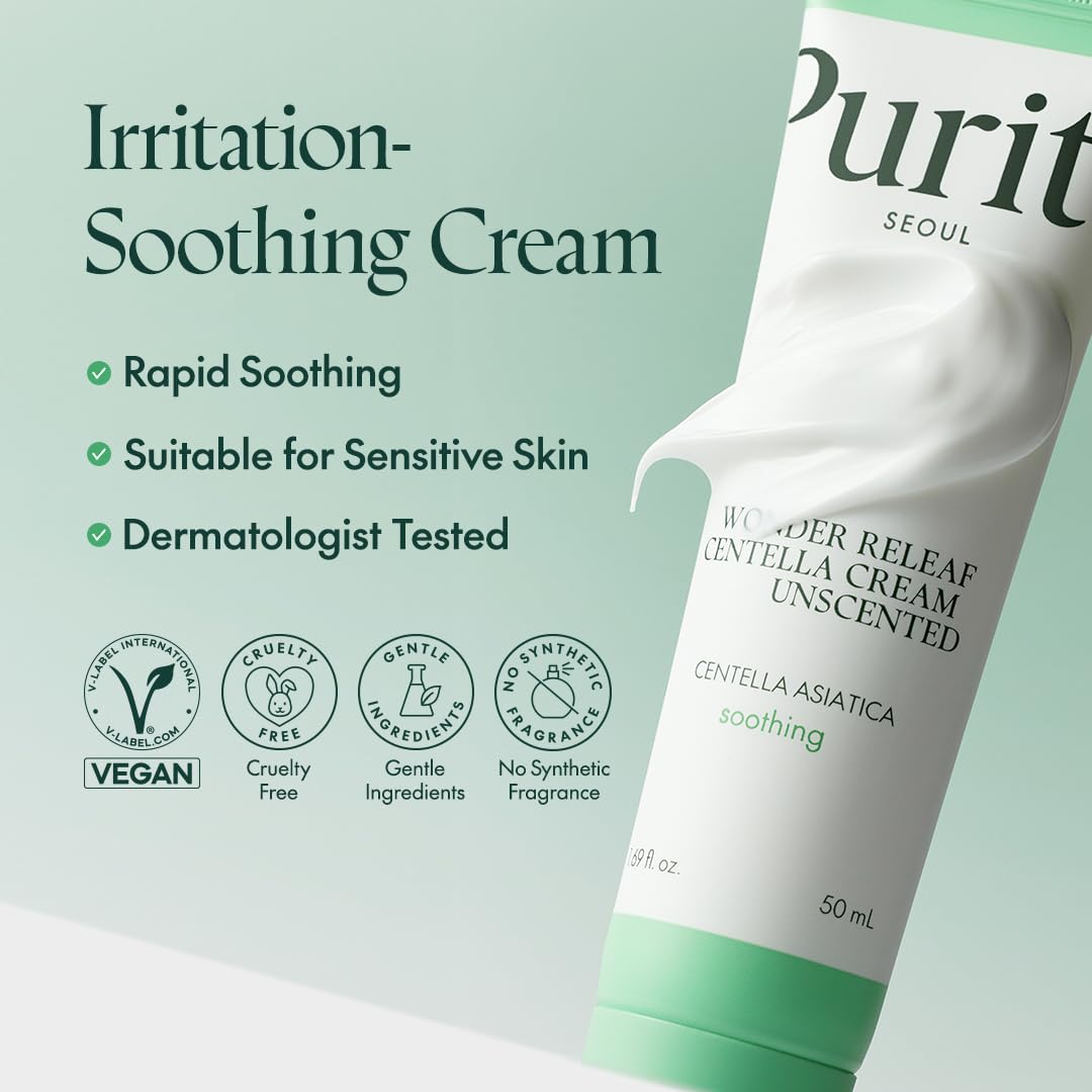 PURITO Centella Unscented Cream on fingertip demonstrates quick-absorb formula for sensitive skin.