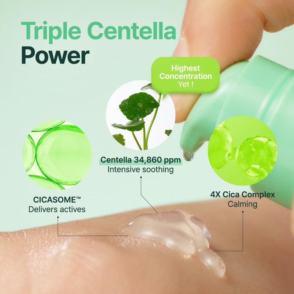PURITO Centella Unscented Serum pump-dispense, easy application for quick relief of redness.