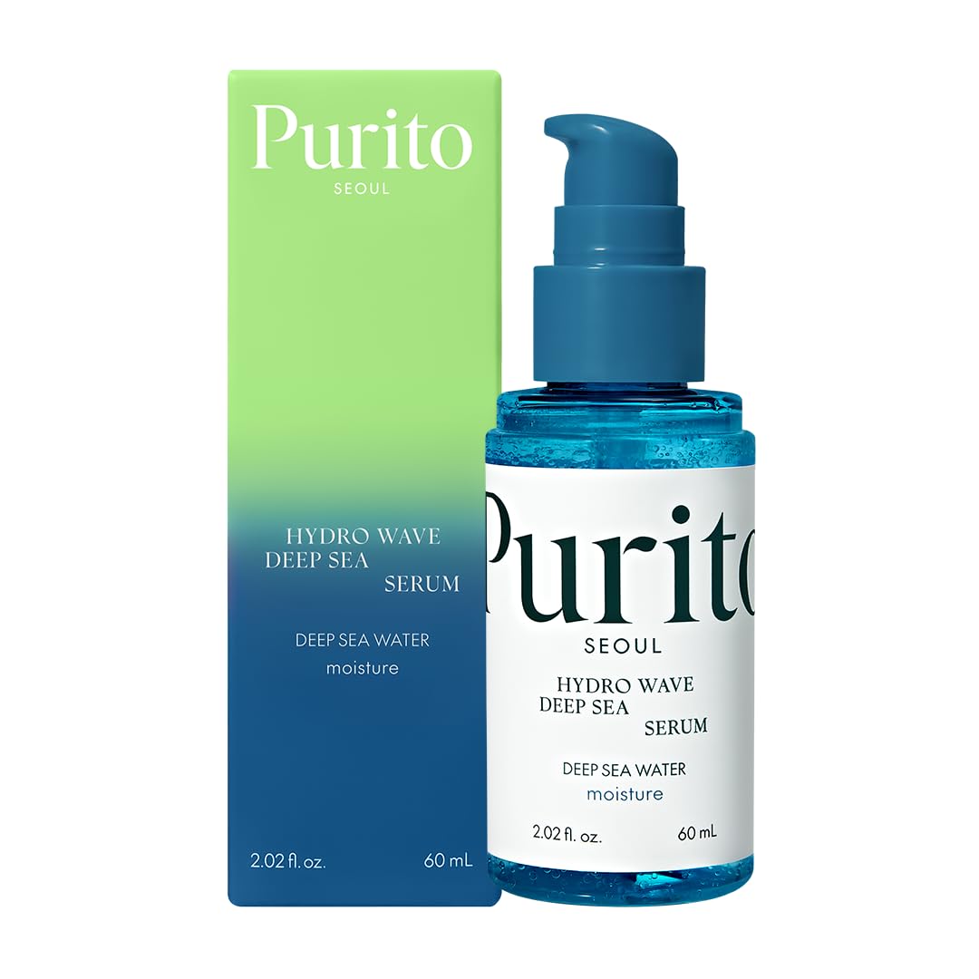 PURITO Deep Sea Serum bottle close-up showing lightweight hydration formula.