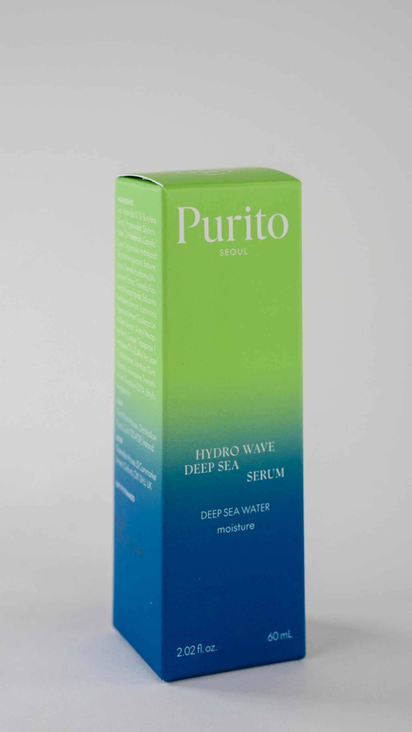 PURITO Deep Sea Serum packaging label highlights deep sea water ingredients for hydration.