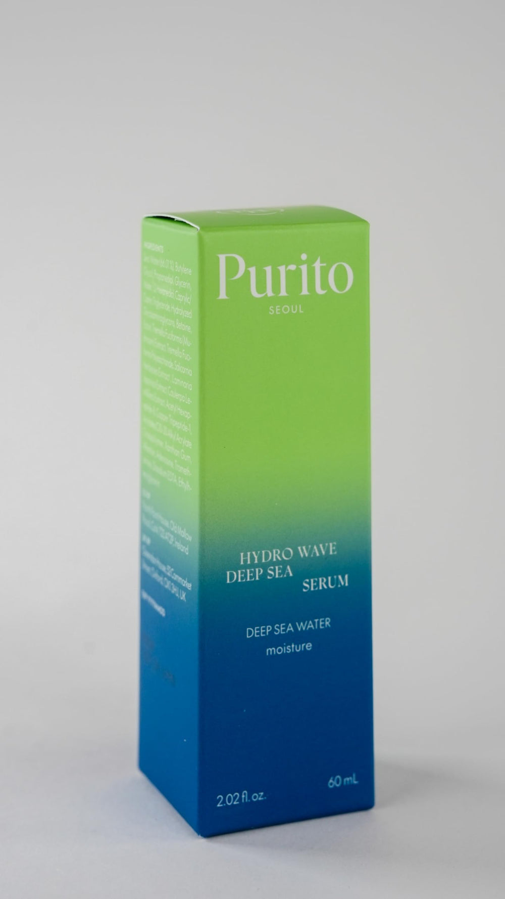 PURITO Deep Sea Serum packaging label highlights deep sea water ingredients for hydration.