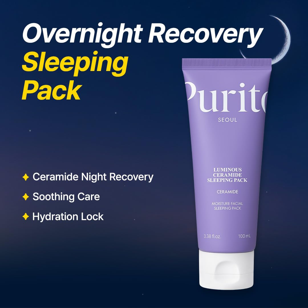 Purito Luminous Ceramide Sleeping Pack jar close-up shows rich moisture for dry skin.