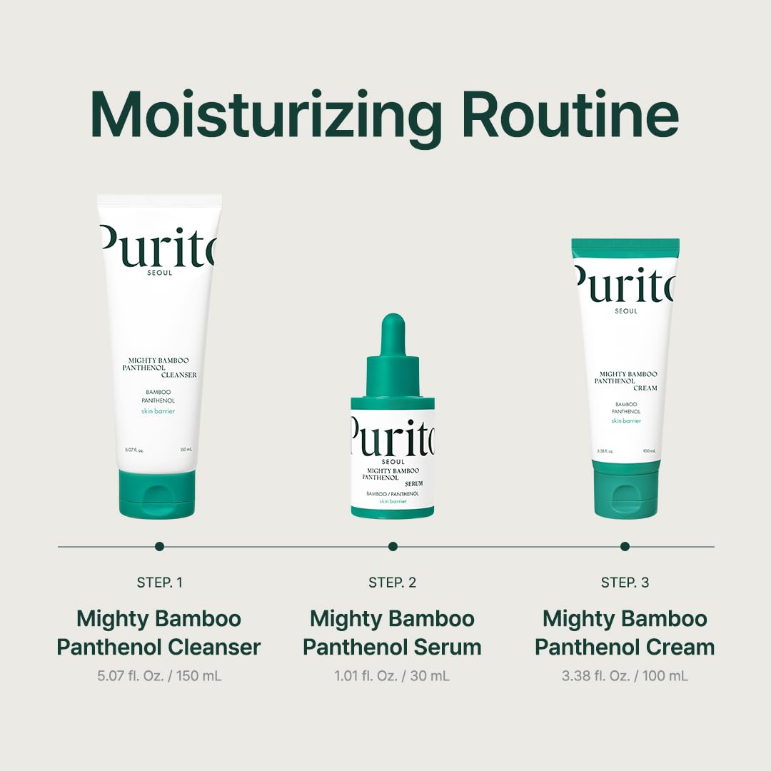 PURITO Morning routine with cleanser, serum, and cream for refreshed skin