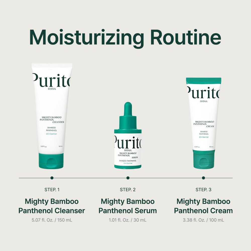 PURITO Morning routine with cleanser, serum, and cream for refreshed skin
