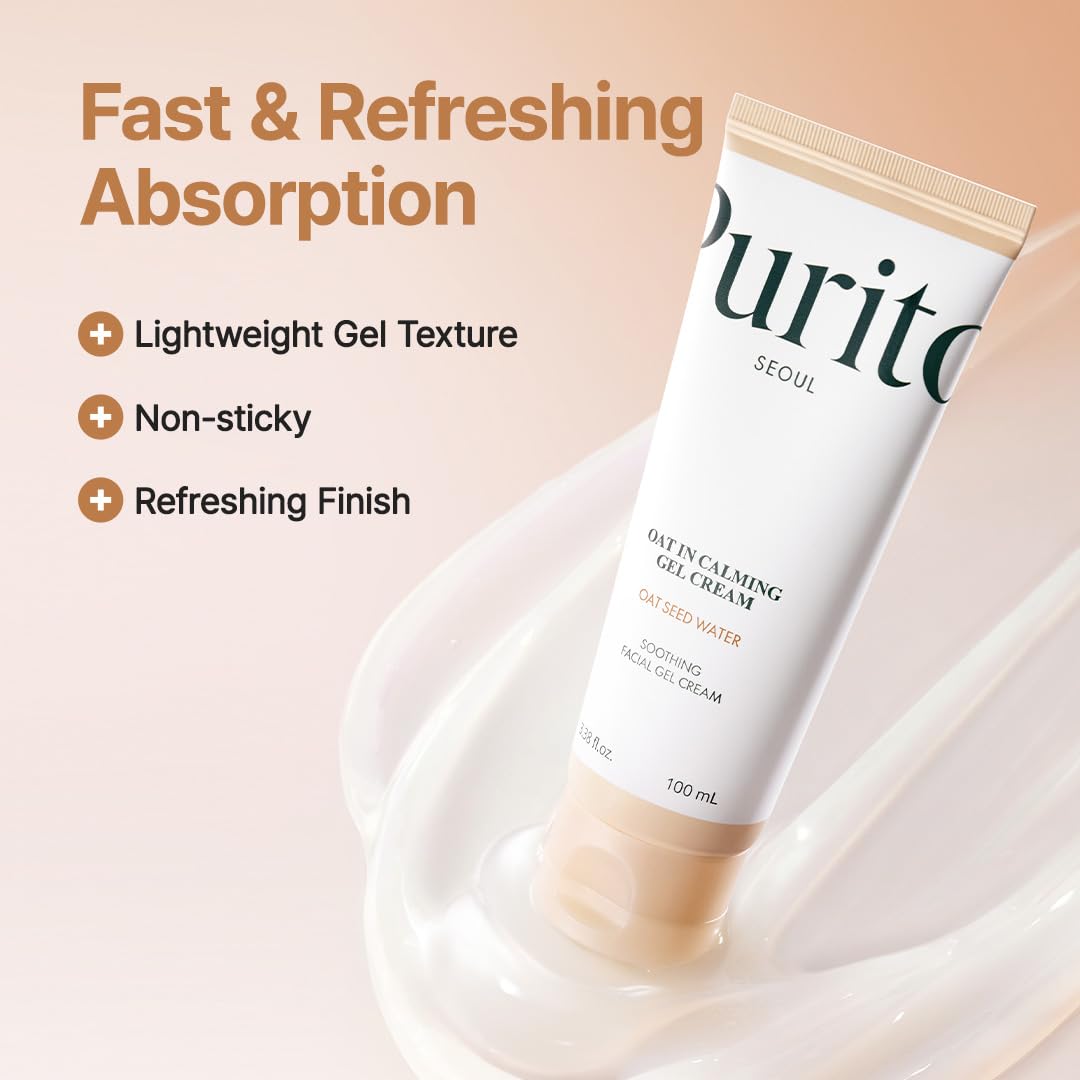 Purito Oat In Calming Gel Cream ingredients list emphasizes squalane and panthenol benefits.