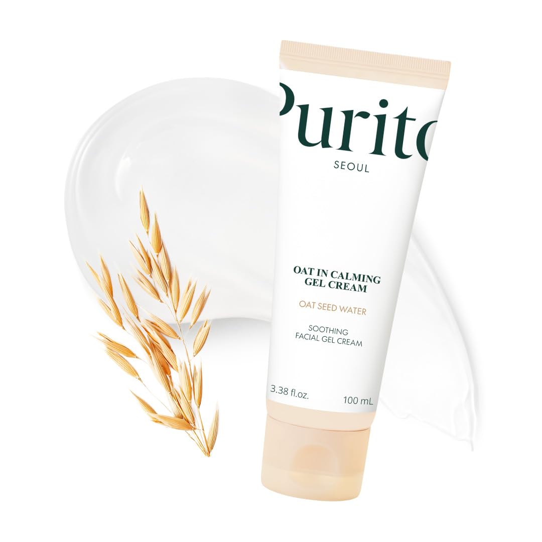 Purito Oat In Calming Gel Cream packaging close-up highlights upgraded design and gentle, soothing care.