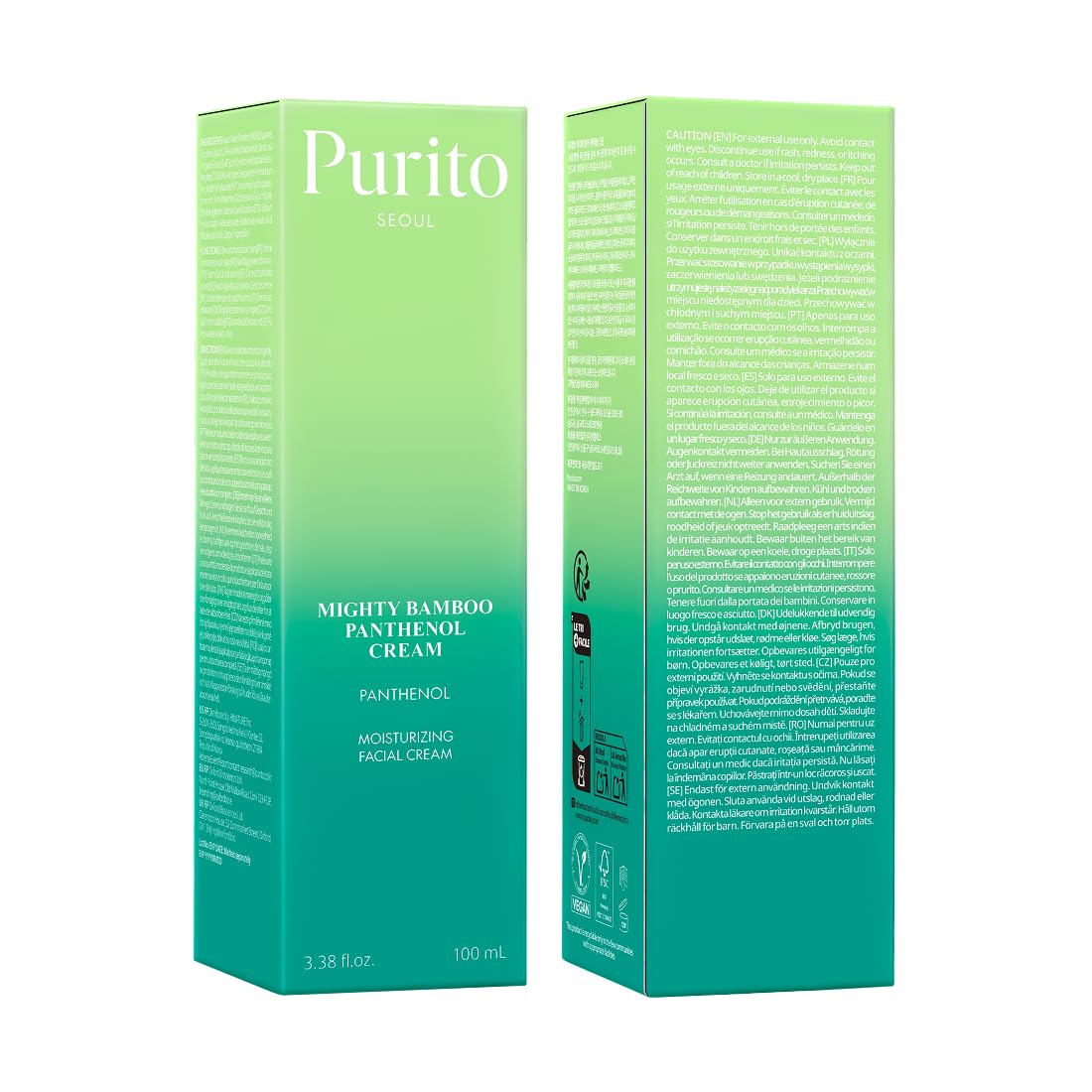 PURITO Panthenol 10% vegan cruelty-free packaging signals ethical skincare options.