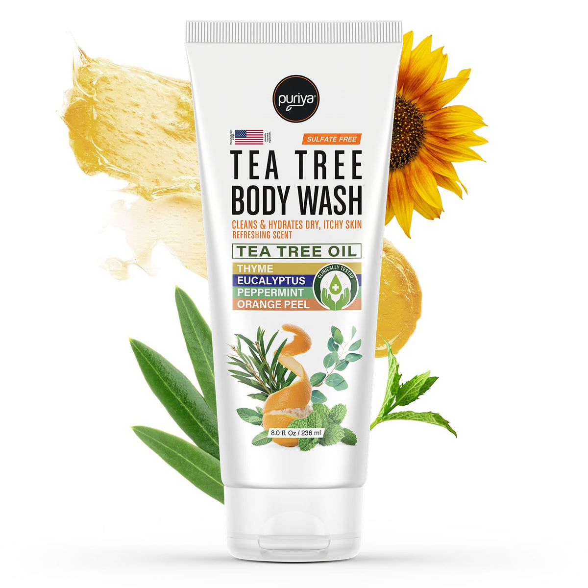 Puriya Tea Tree Body Wash bottle front showing gentle cleansing for sensitive skin