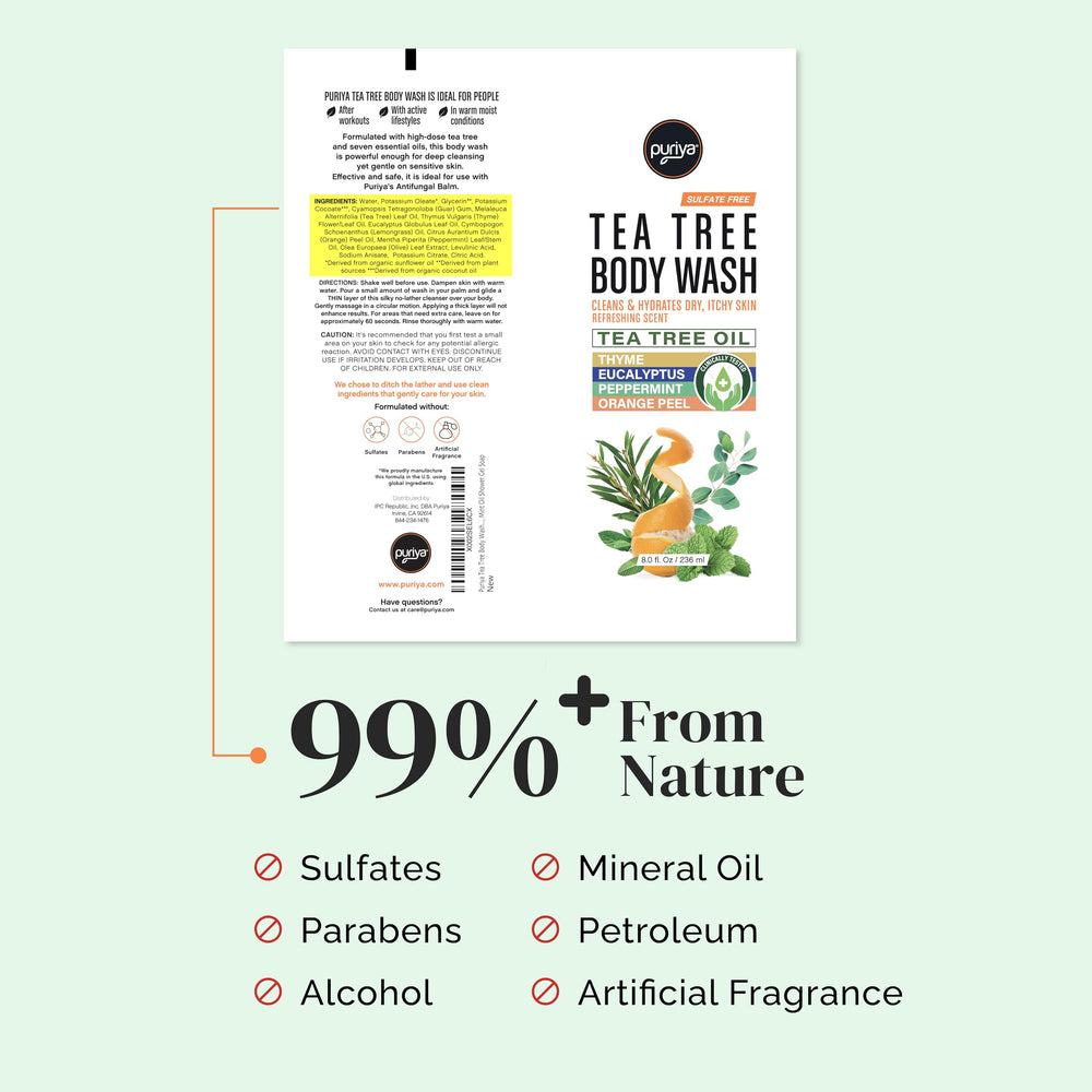 Puriya Tea Tree Body Wash foaming bubble demonstrates cleansing action