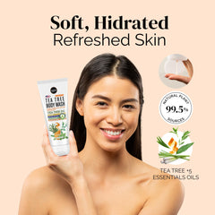 Puriya Tea Tree Body Wash label closeup highlights vegan, paraben-free formula