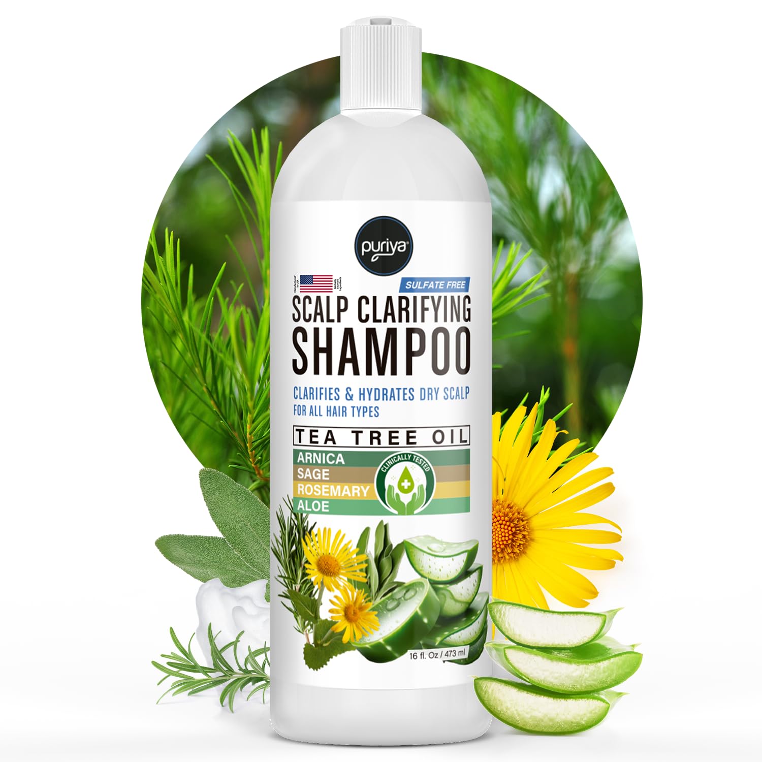 Puriya Tea Tree Clarifying Shampoo bottle demonstrates soothing scalp relief and plant-powered cleanse.