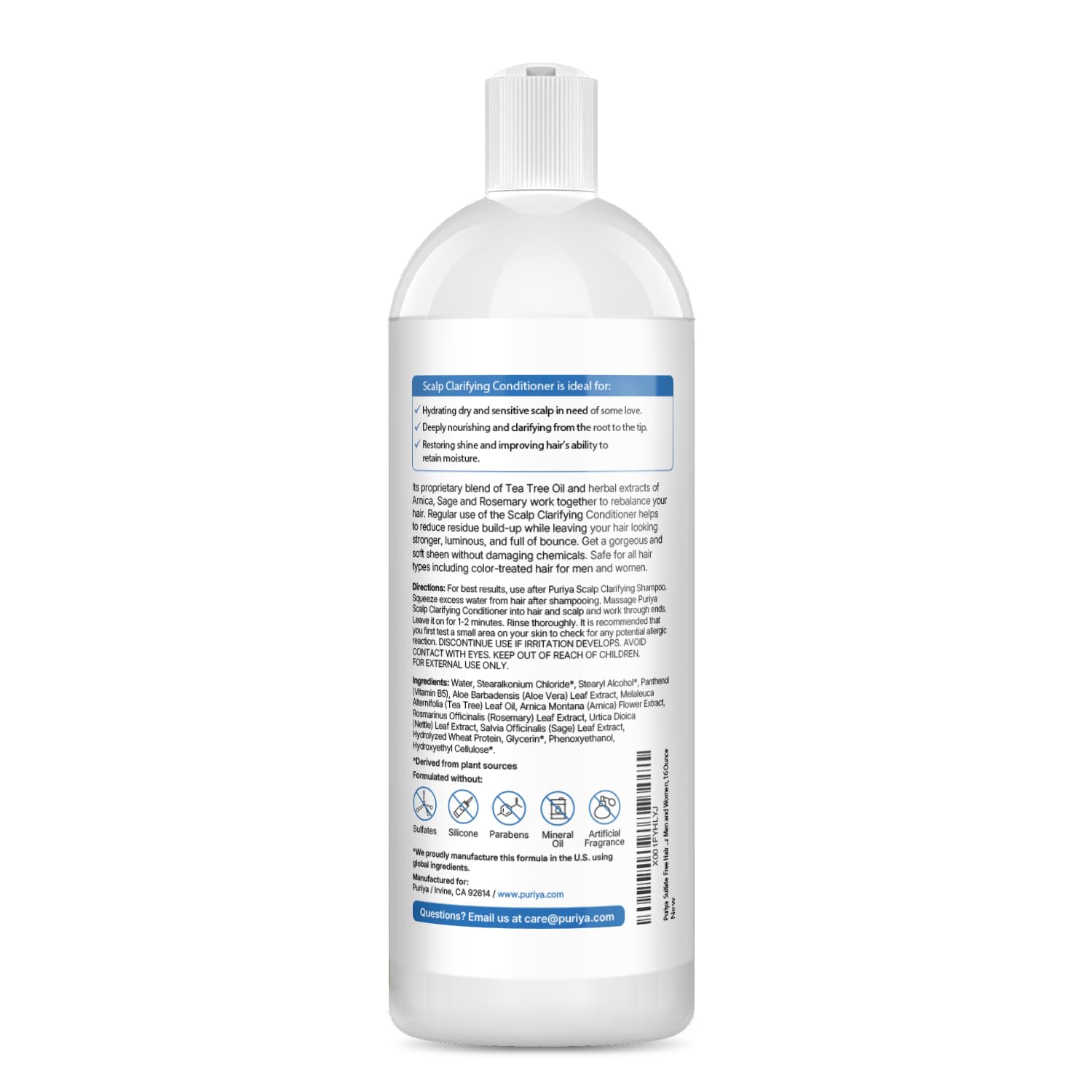 Puriya Tea Tree Oil blend ingredients highlight soothing scalp support.