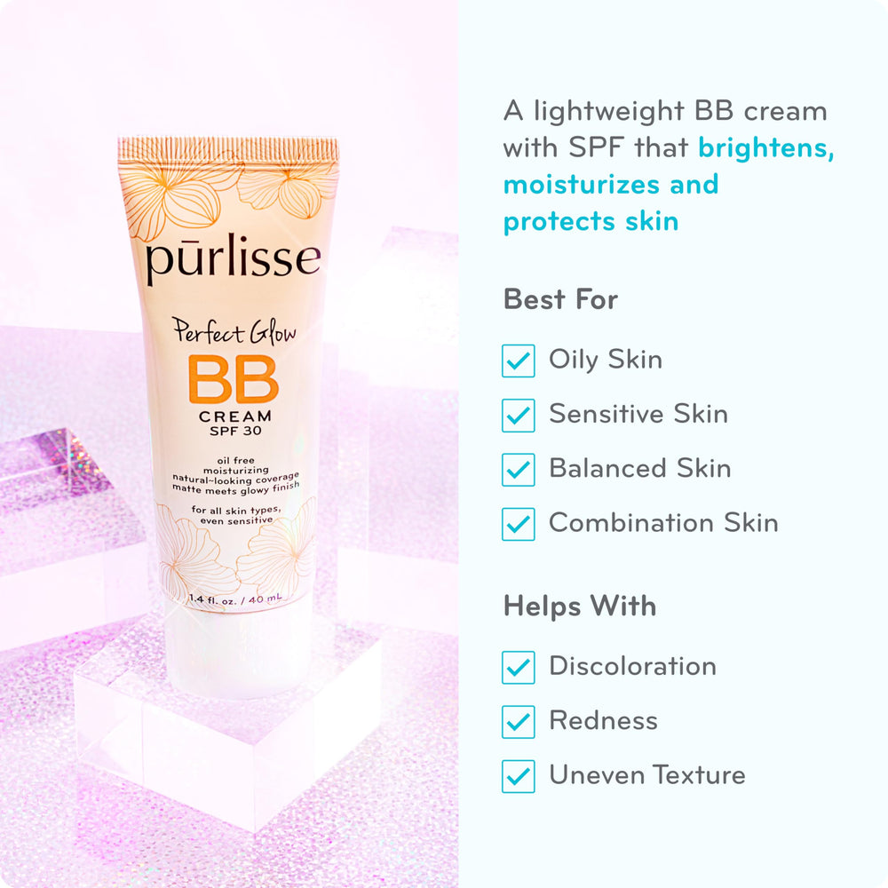 Purlisse Perfect Glow BB Cream SPF 30 swirl demonstrates easy blending for a natural finish.
