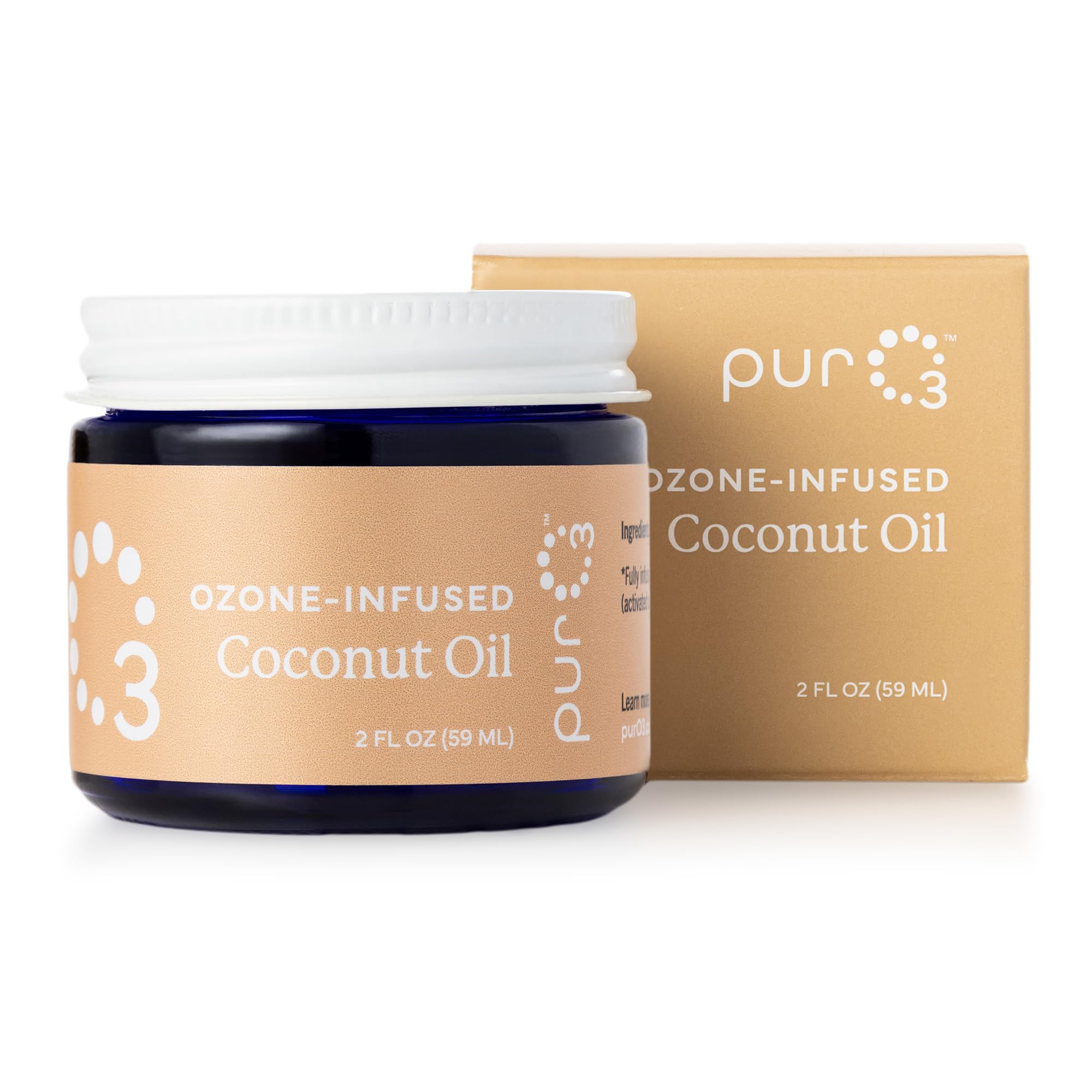 PurO3 glass jar front view highlights premium packaging and product purity.