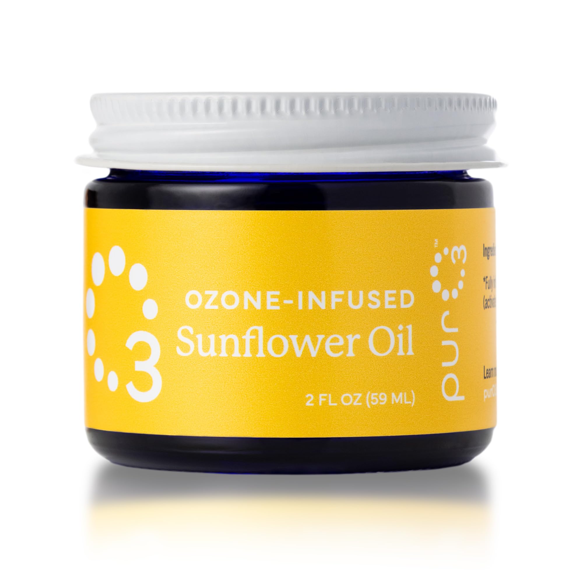 PurO3 ozonated sunflower oil bottle shows pure skincare with ozone-infused nourishment for dry skin.