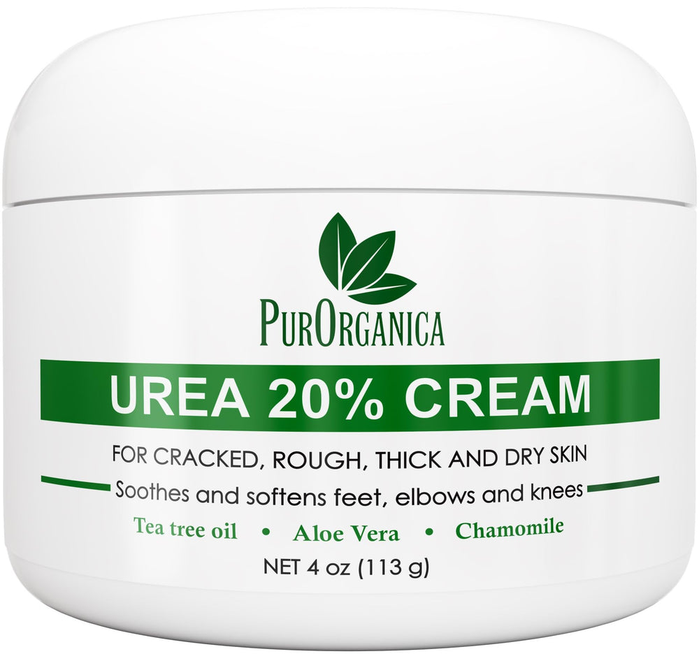 PurOrganica Urea 20% Foot Cream bottle boosts hydration for dry, rough feet.