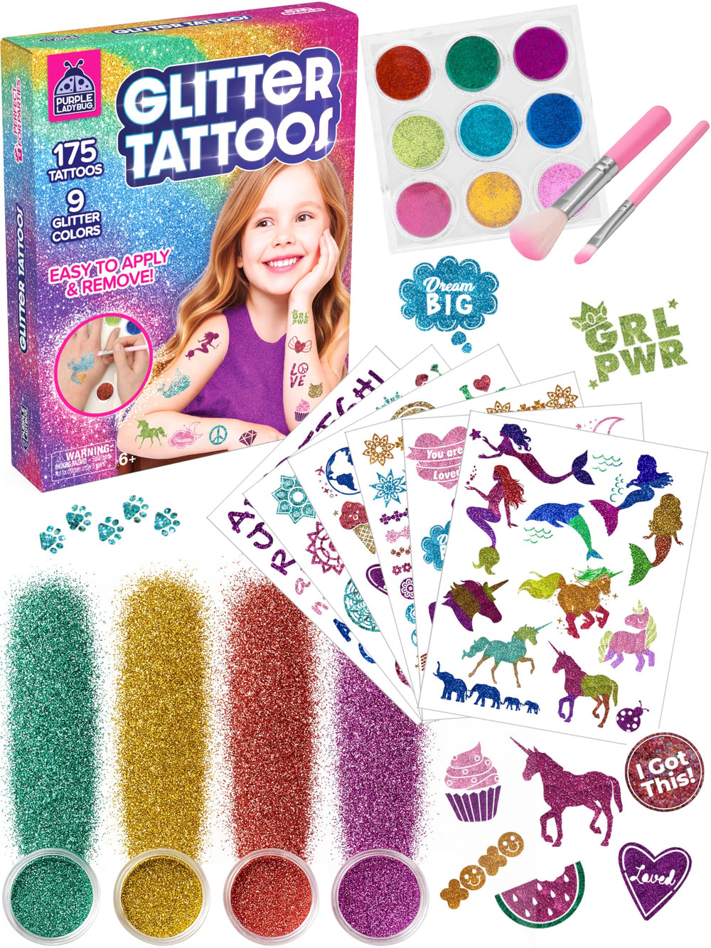 Purple Ladybug 175-piece tattoo kit packaging enhances kids' crafts.