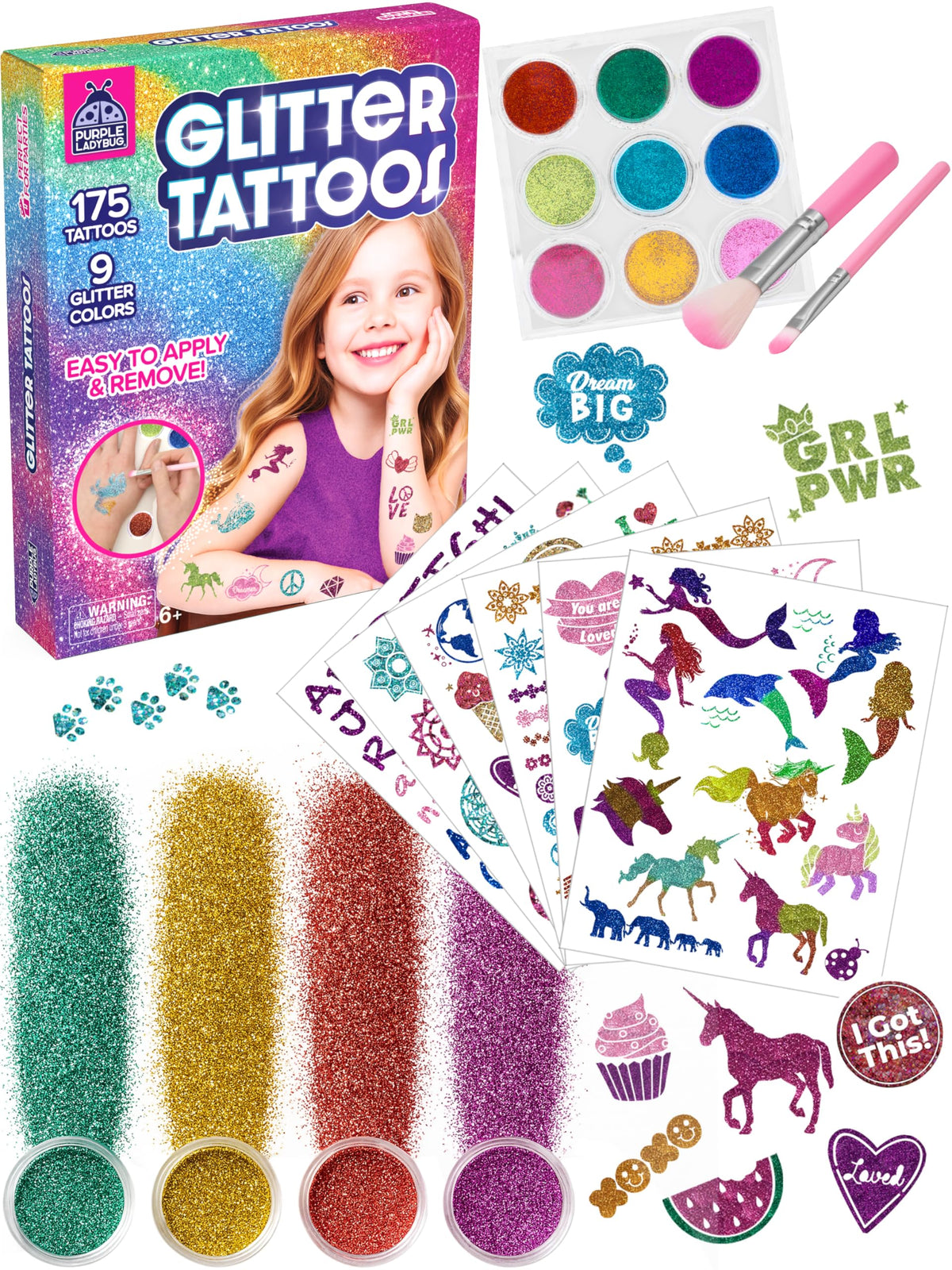 Purple Ladybug 175-piece tattoo kit packaging enhances kids' crafts.