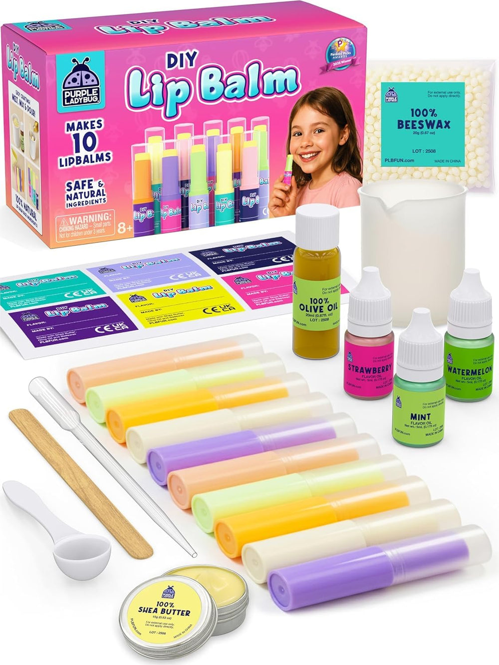 PURPLE LADYBUG DIY Lip Balm Kit packaging showcases a ready-to-create craft for fun, safe kids' crafting.
