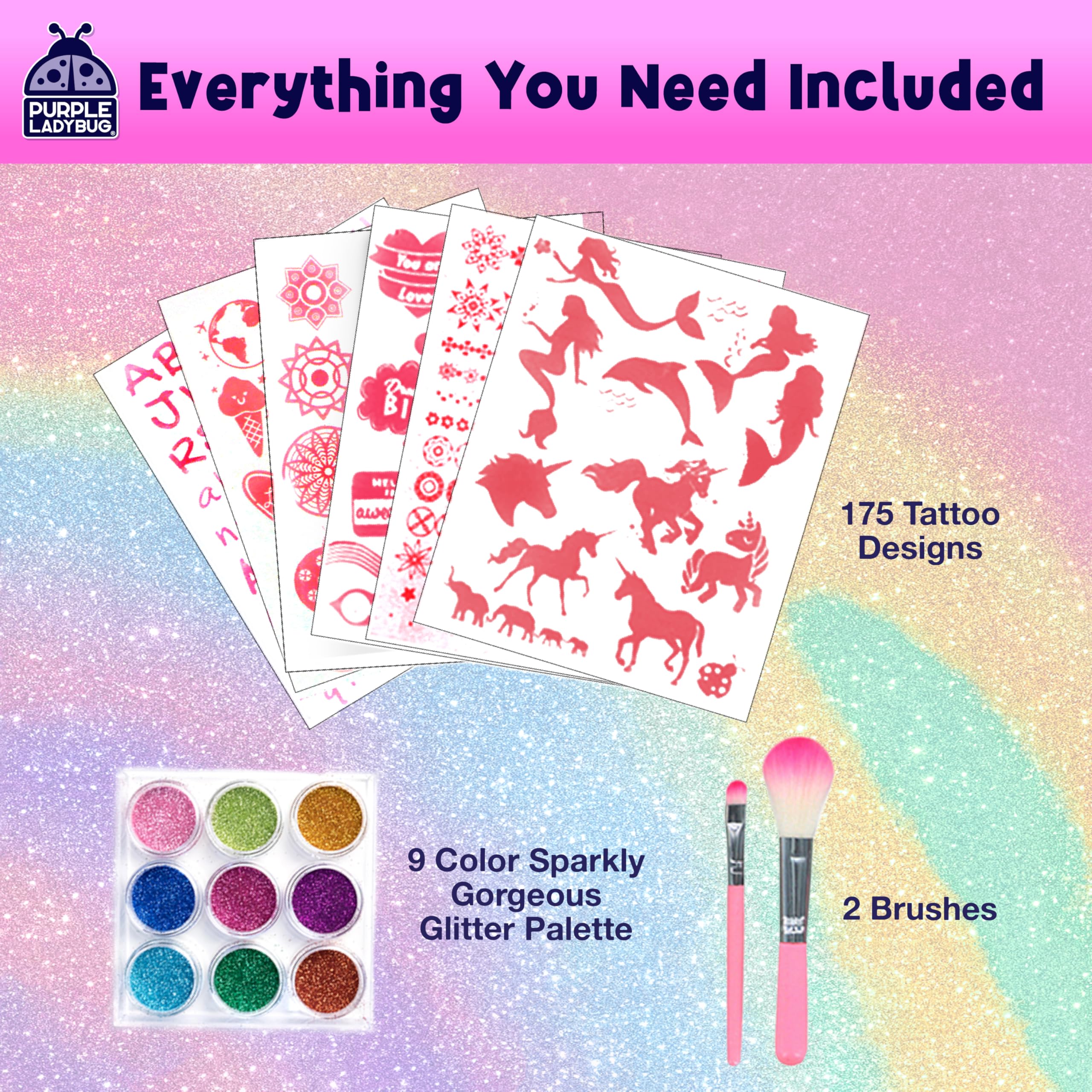 Purple Ladybug included brushes demonstrate easy, mess-free tattoo application.