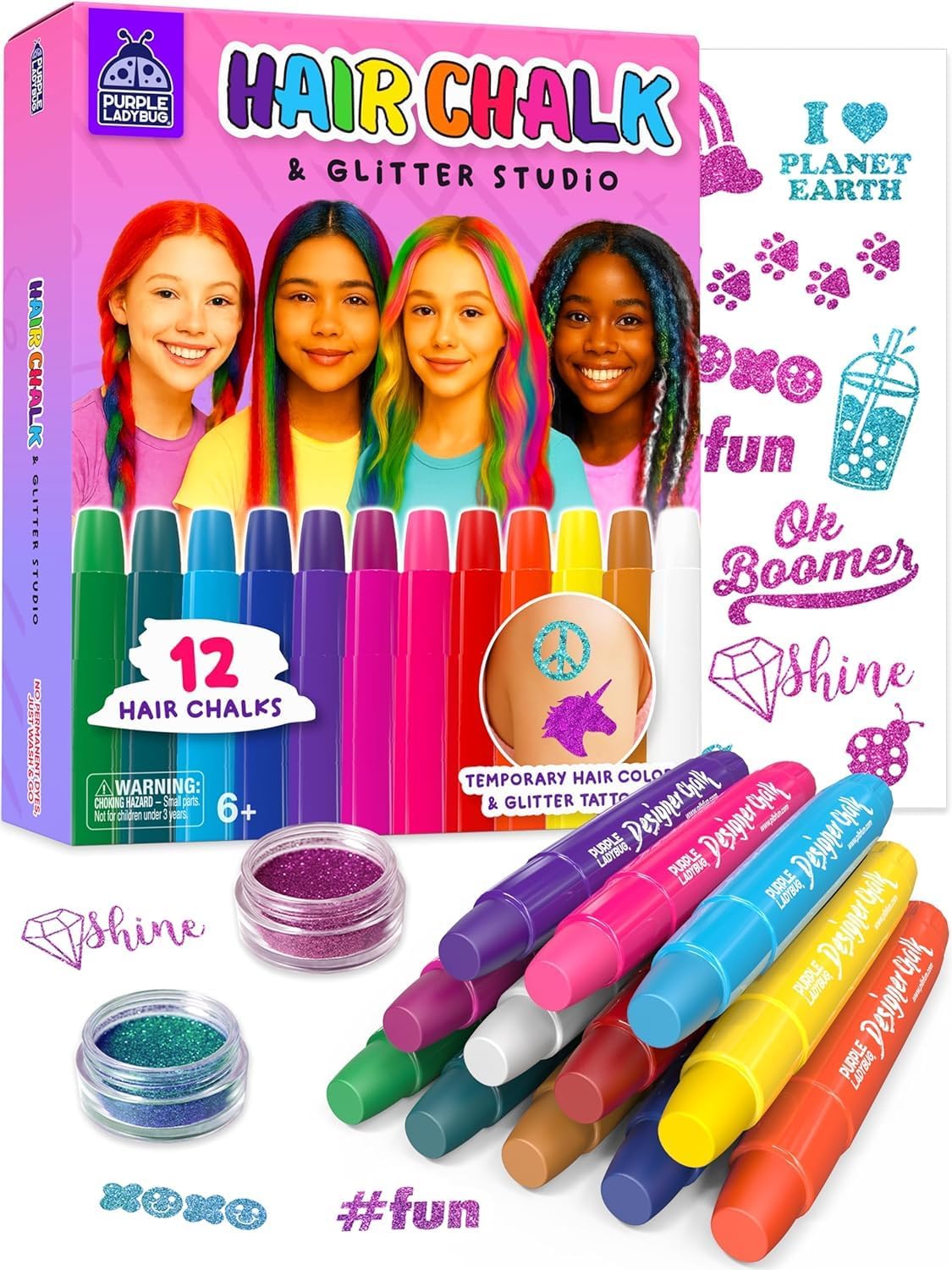 Purple Ladybug 12 color hair chalk kit for kids with colorful styling options
