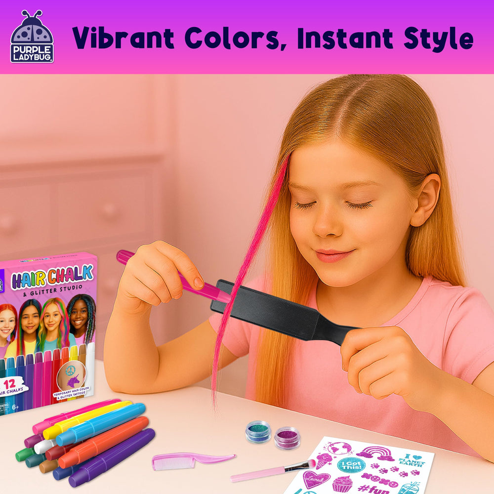 Purple Ladybug chalk on dark hair shows bold color effect