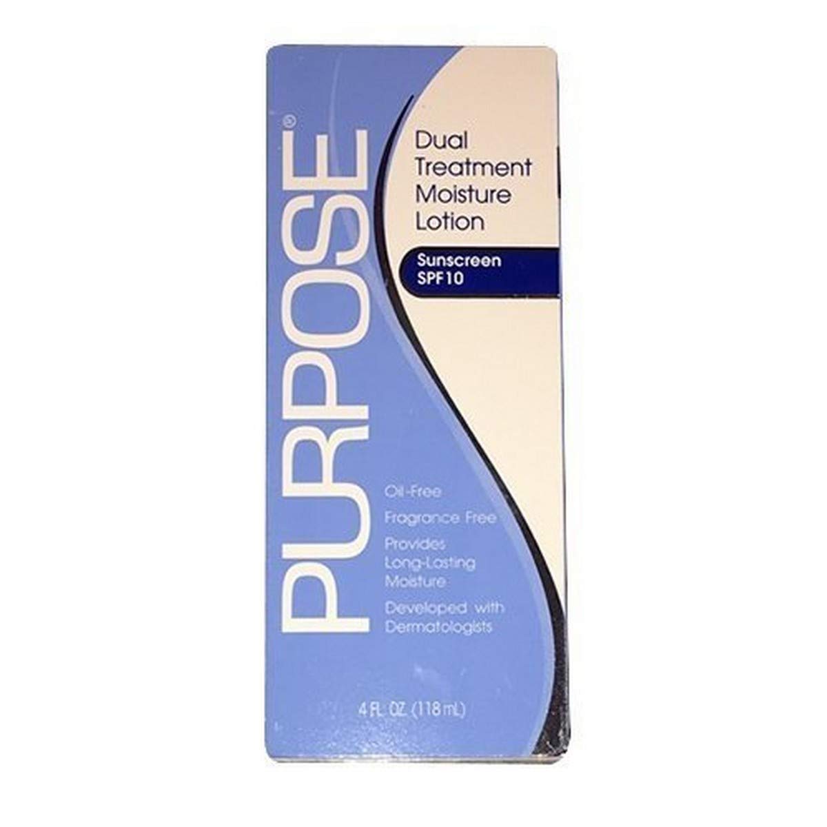 Purpose Dual Treatment Moisture Lotion SPF 10 bottle for daily hydration and sun protection.