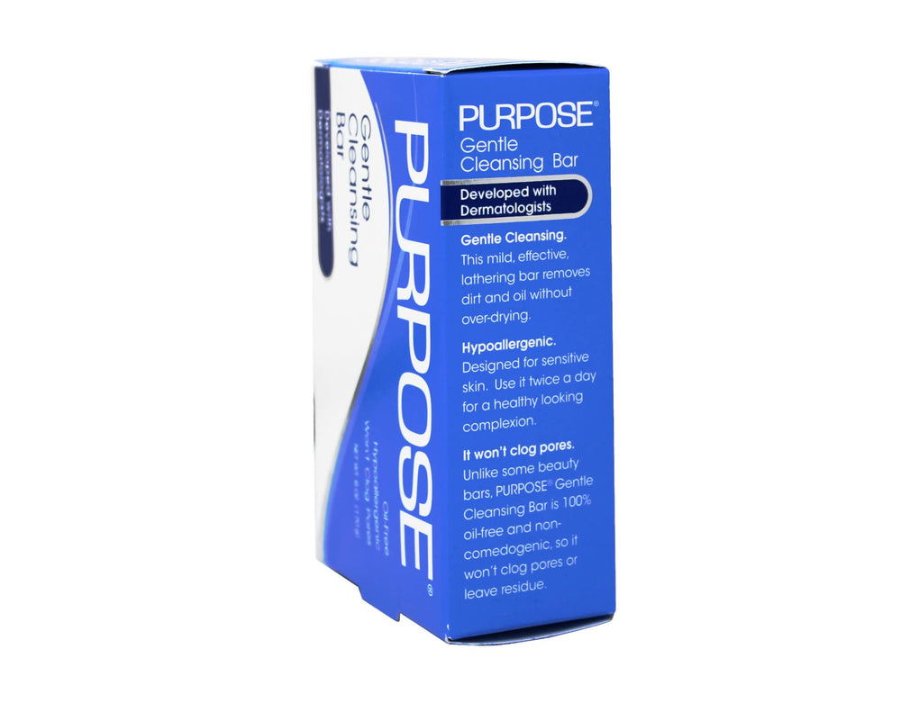Purpose Gentle Cleansing Bar in use on the face emphasizes a soft skincare ritual.