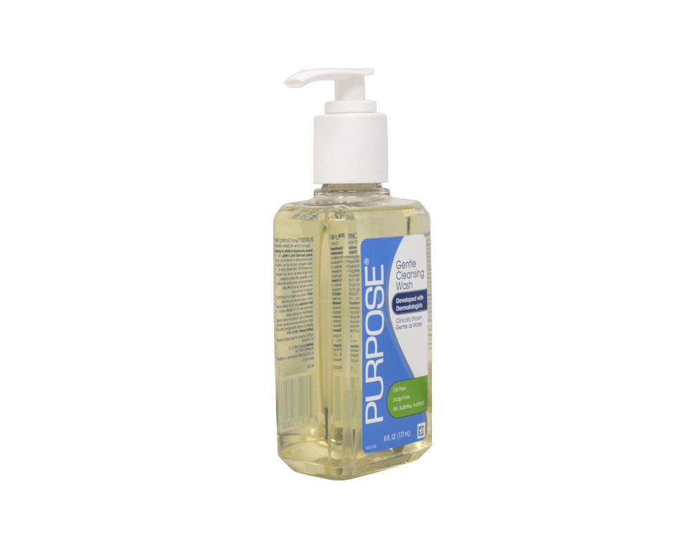 PURPOSE label detail showing dermatologist-developed, non-stripping formula.