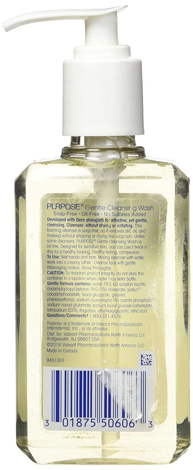 Purpose Gentle Cleansing Wash label detail emphasizing oil-free, non-irritating cleanse for daily use.