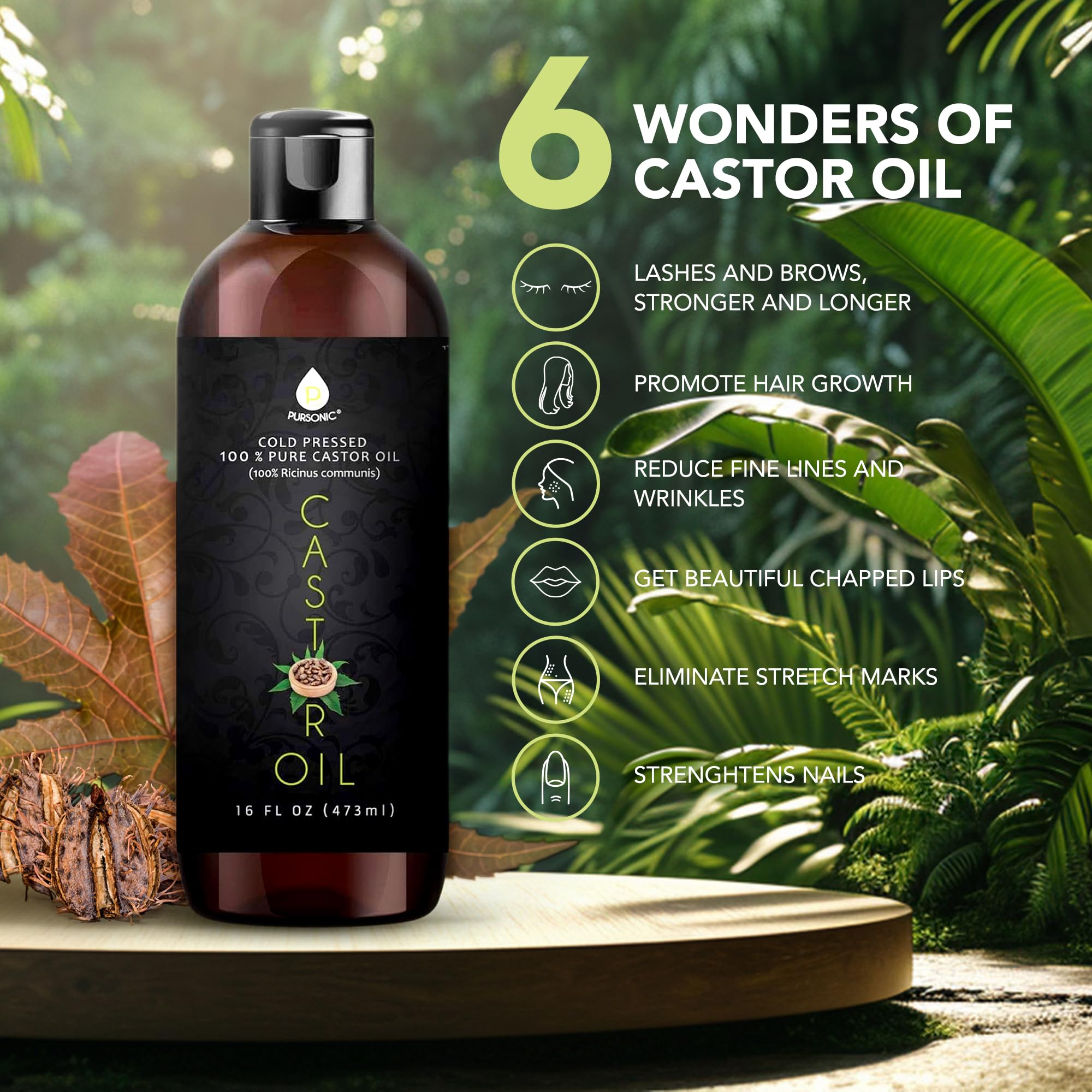 Pursonic Castor Oil highlights lashes and cuticles for conditioning