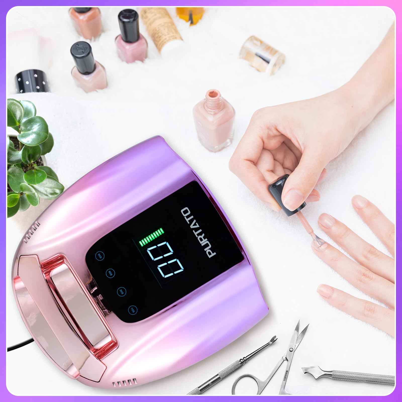 Purtato portable nail lamp with handle: easy transport to any room.