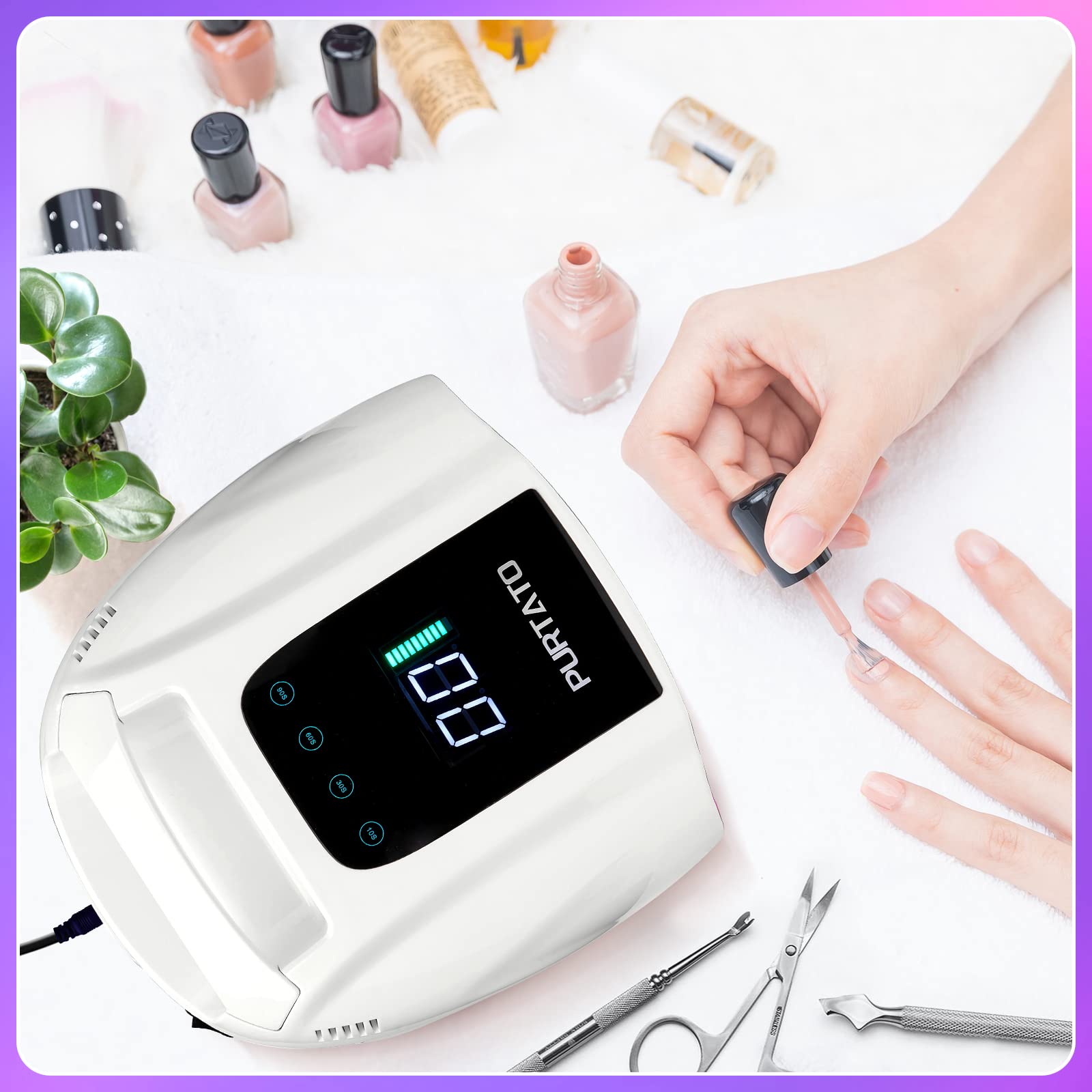 Purtato UV lamp in use for at home salon-like gel nails.