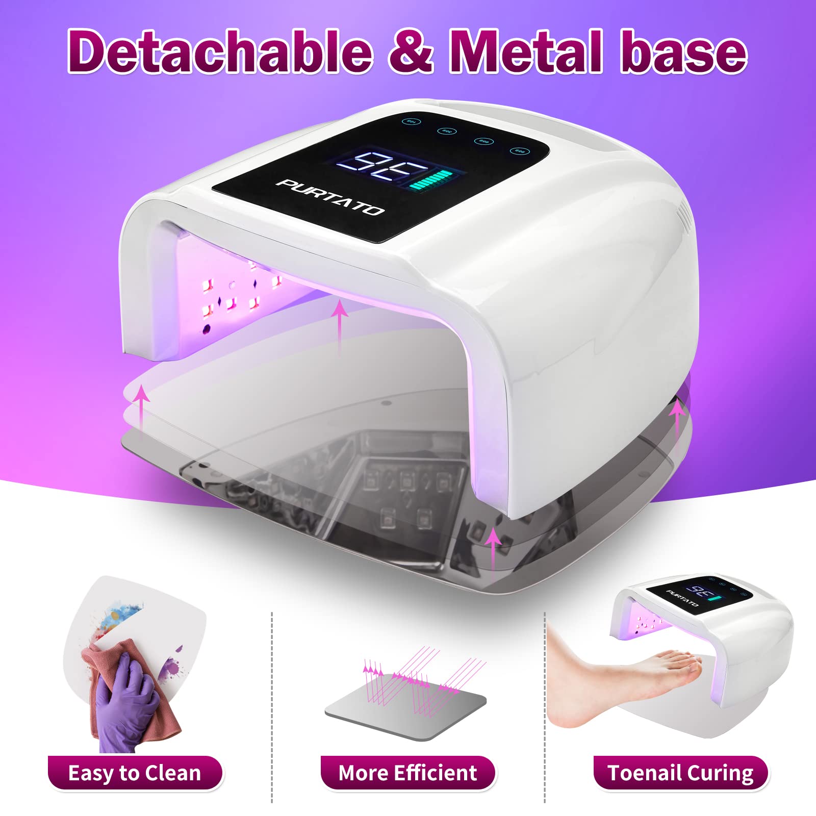 Purtato lamp removable bottom for easy cleaning and pedicure use.