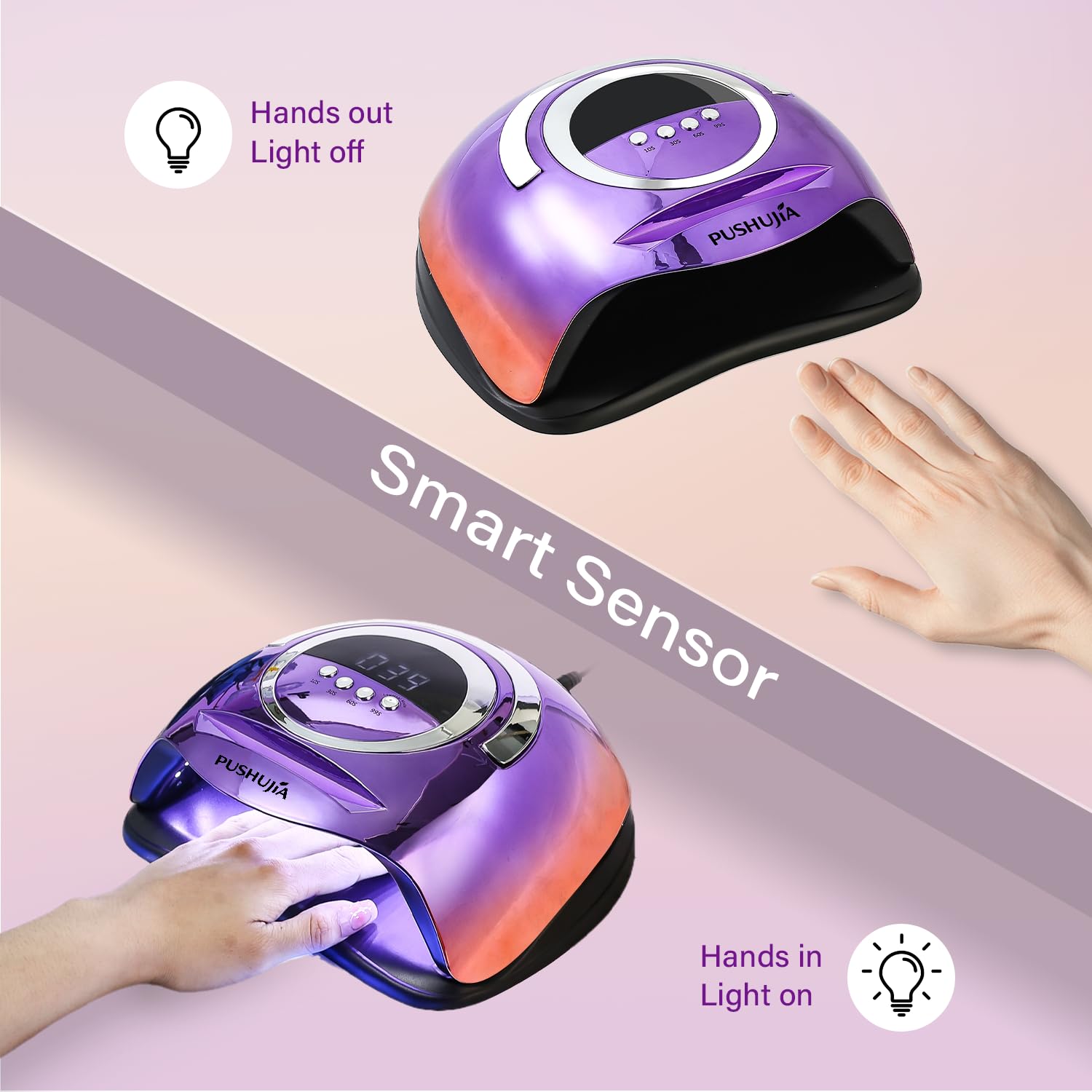 Pushujia nail lamp curing demo showing smooth gel finish