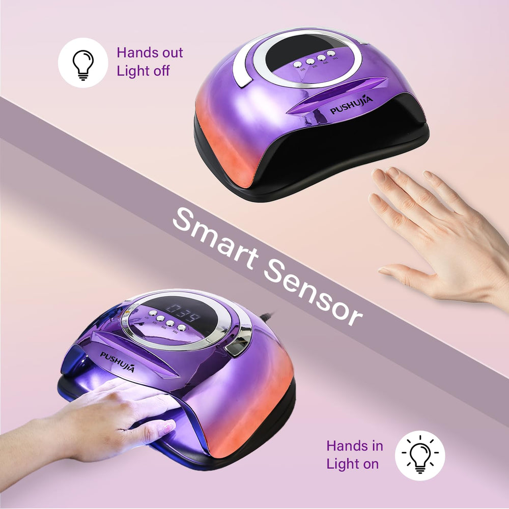 Pushujia nail lamp curing demo showing smooth gel finish